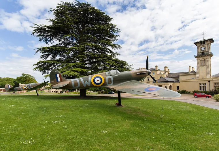 A Spitfire and a Hurricane displayed outside Bentley Priory, Stanmore